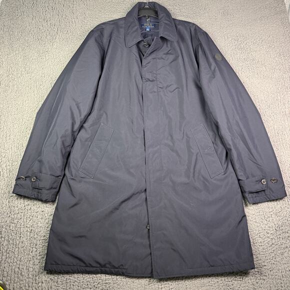 Polo Ralph Lauren Trench Coat Mens L Navy Blue Long Overcoat Full Zip Insulated - Picture 2 of 14